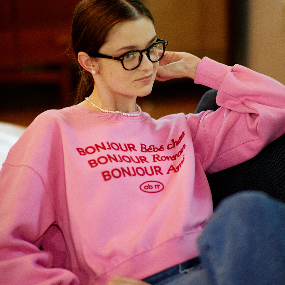 Bonjour Ronron Crop Sweatshirts Pink
