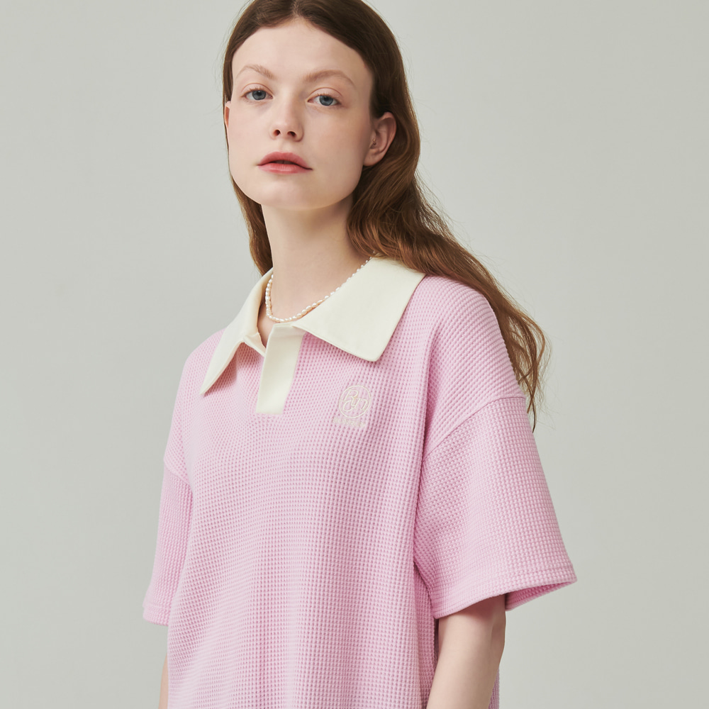 WAFFLE COLLAR OVER FIT T SHIRT PINK