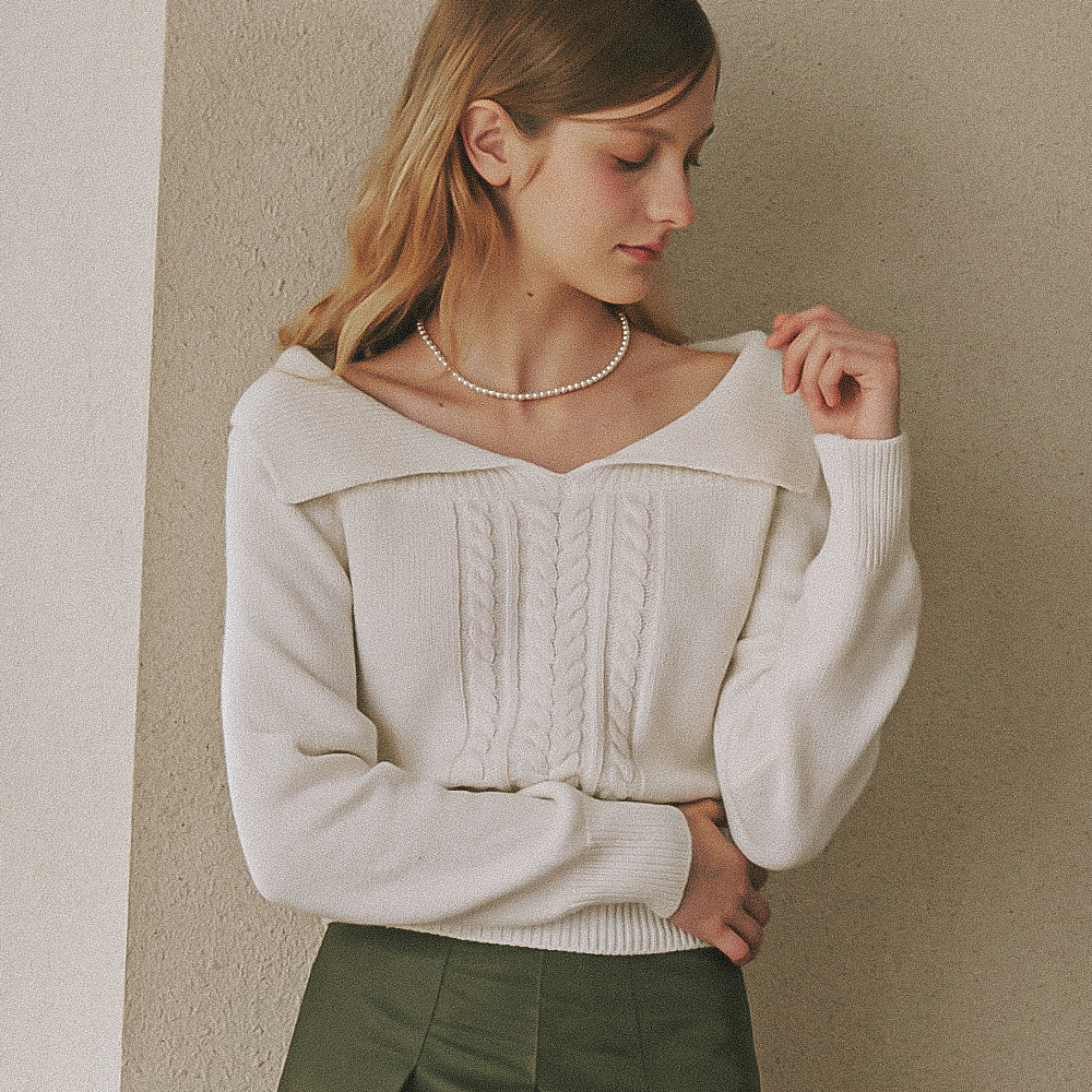 BIG COLLAR CABLE CROP KNIT IVORY