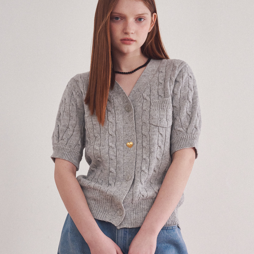 CABLE HEART BUTTON SHORT SLEEVE KNIT CARDIGAN GREY