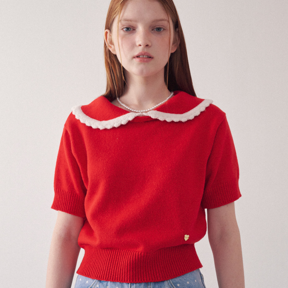 HEART ROUND COLLAR SHORT SLEEVE KNIT RED
