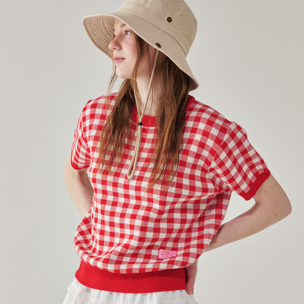 GINGHAM SHORT SLEEVE KNIT PULLOVER RED