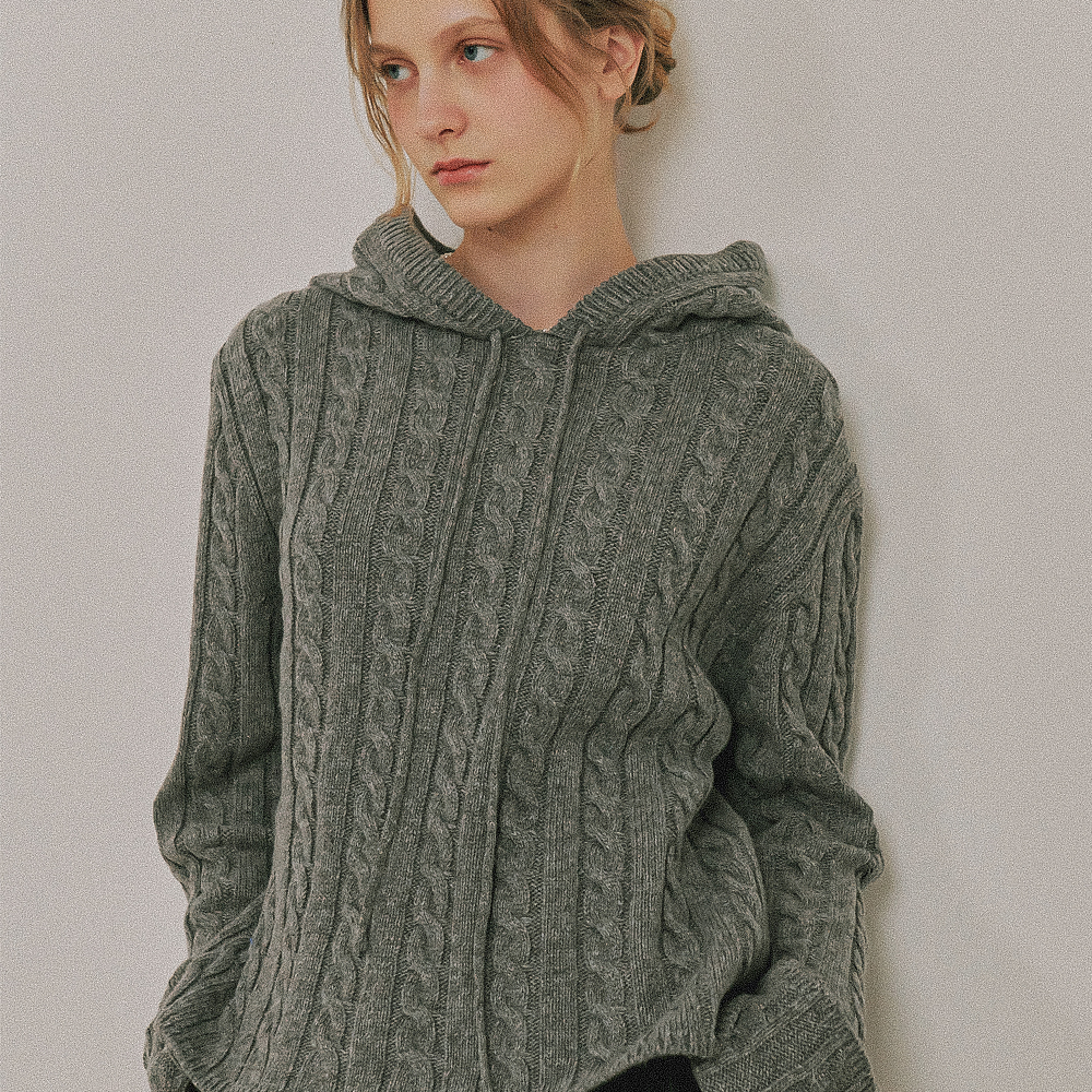 CABLE HOOD KNIT GREY