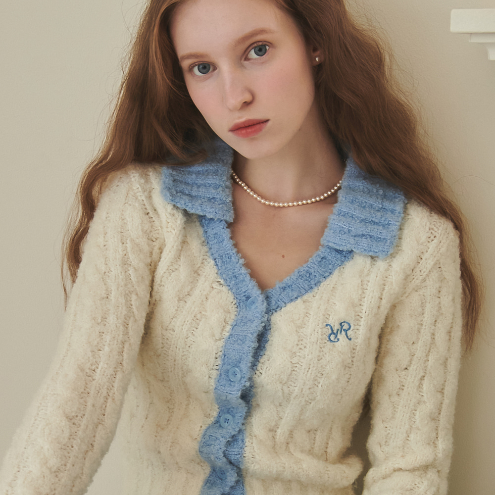 Collar Cable Boucle Alpaca Knit Cardigan Ivory Blue