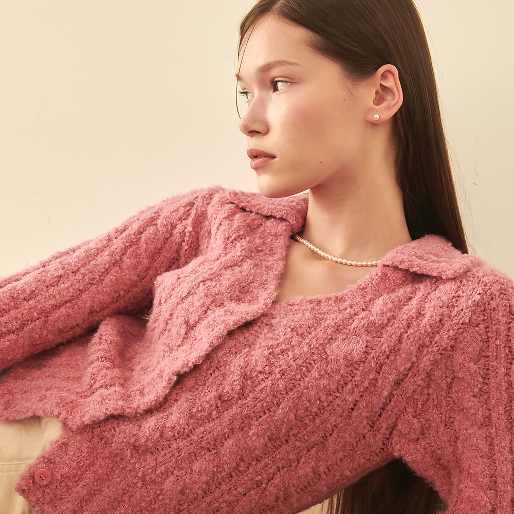 Collar Cable Boucle Alpaca Knit Cardigan Pink