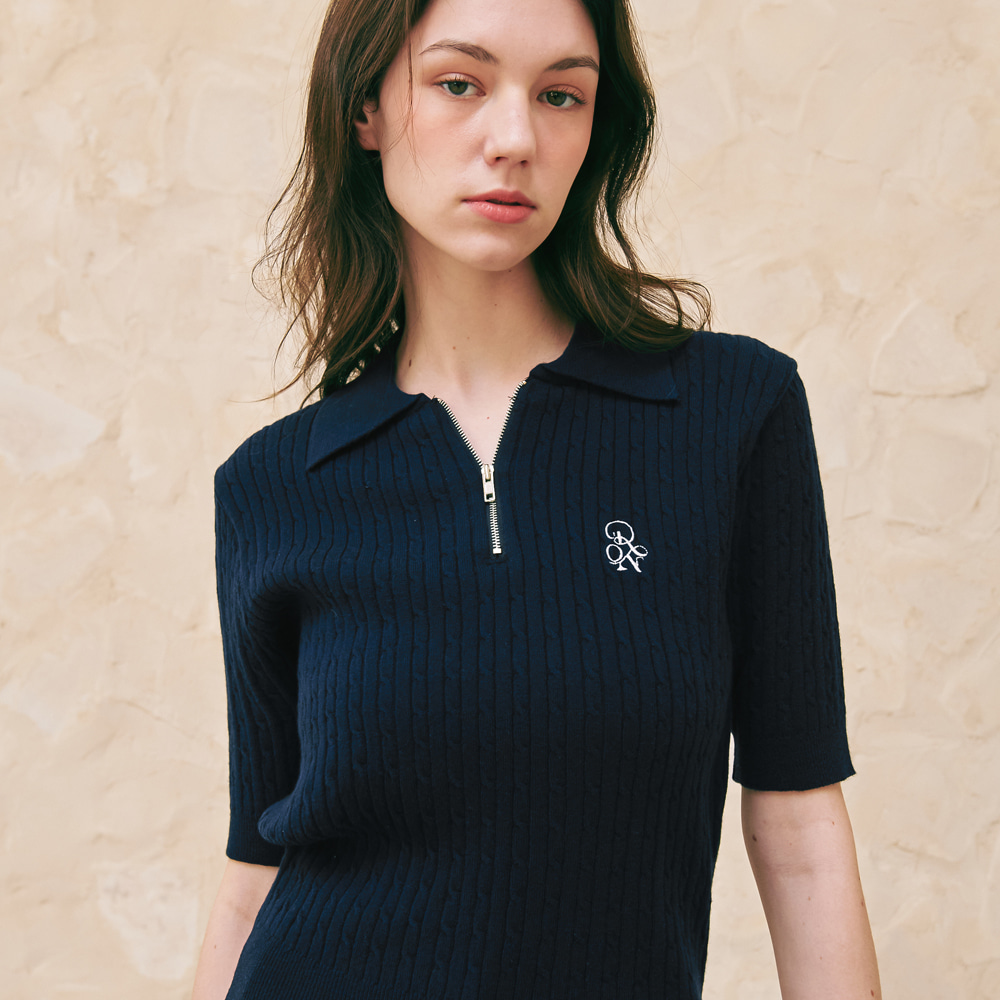 CABLE HALF ZIP UP SHORT KNIT NAVY