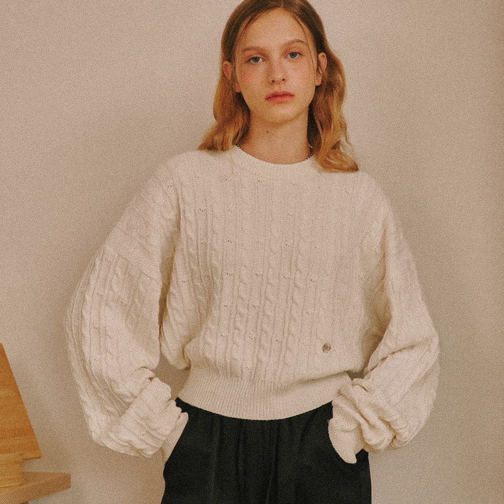CABLE CROP BALLOON SLEEVE PULLOVER KNIT IVORY