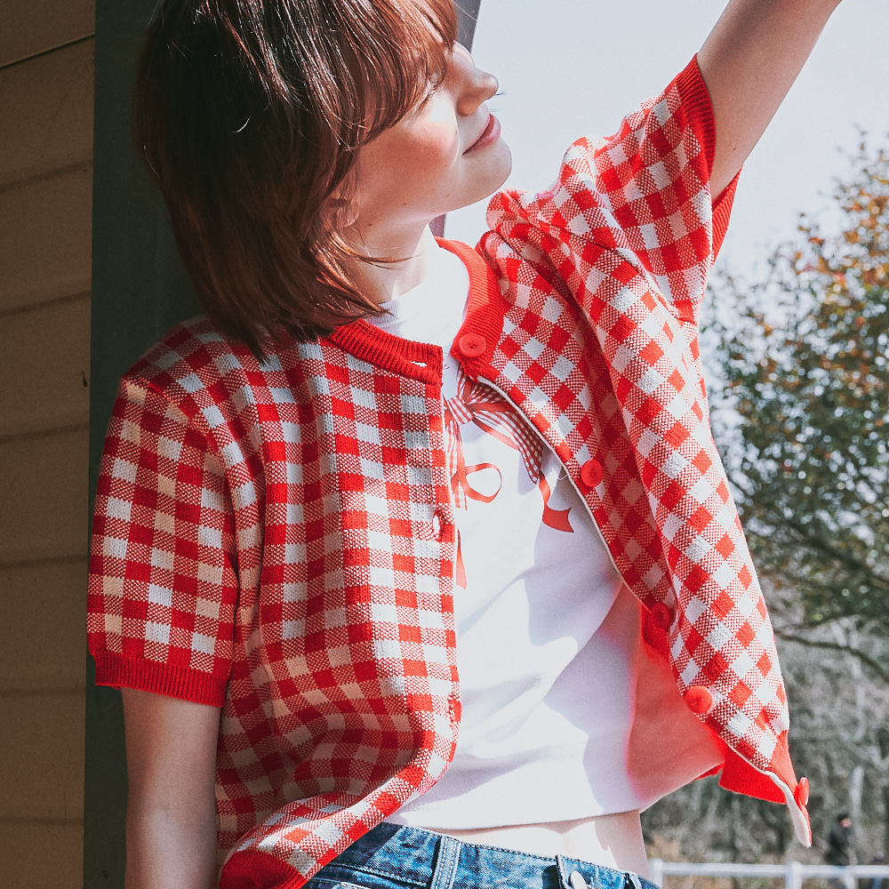 GINGHAM SHORT SLEEVE KNIT CARDIGAN RED